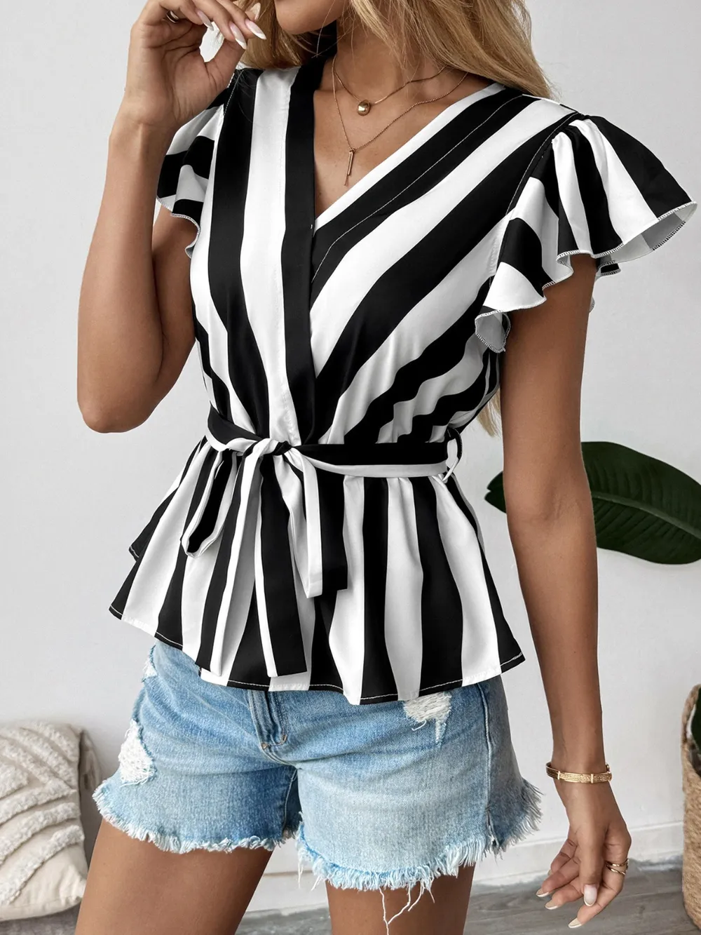 Striped Surplice Flutter Sleeve Wrap Blouse, image 7
