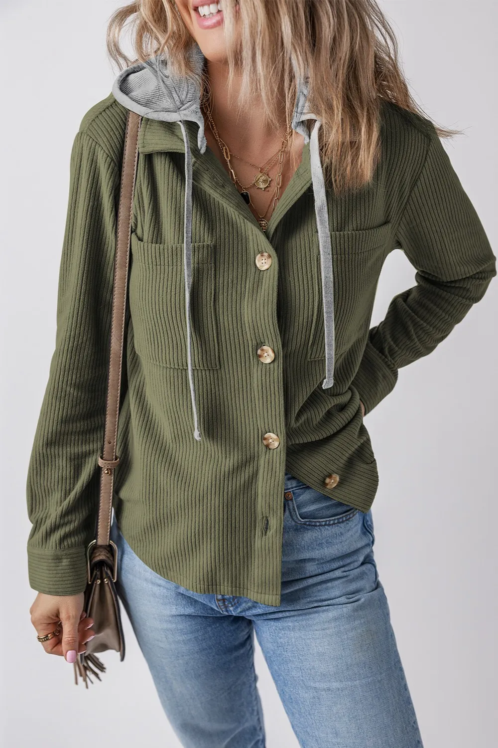 Drawstring Button Up Long Sleeve Hooded Jacket, image 13