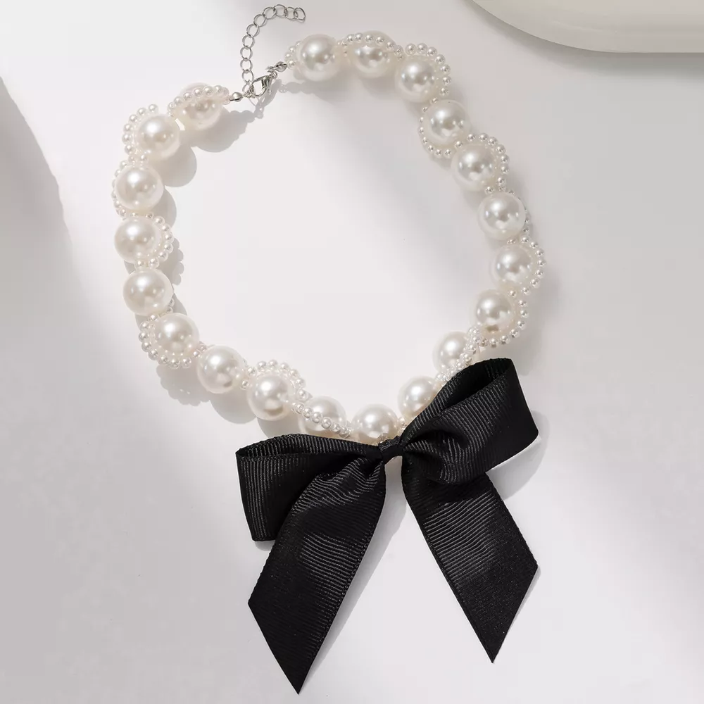 Pearl Choker Necklace with Bow Accent, image 2