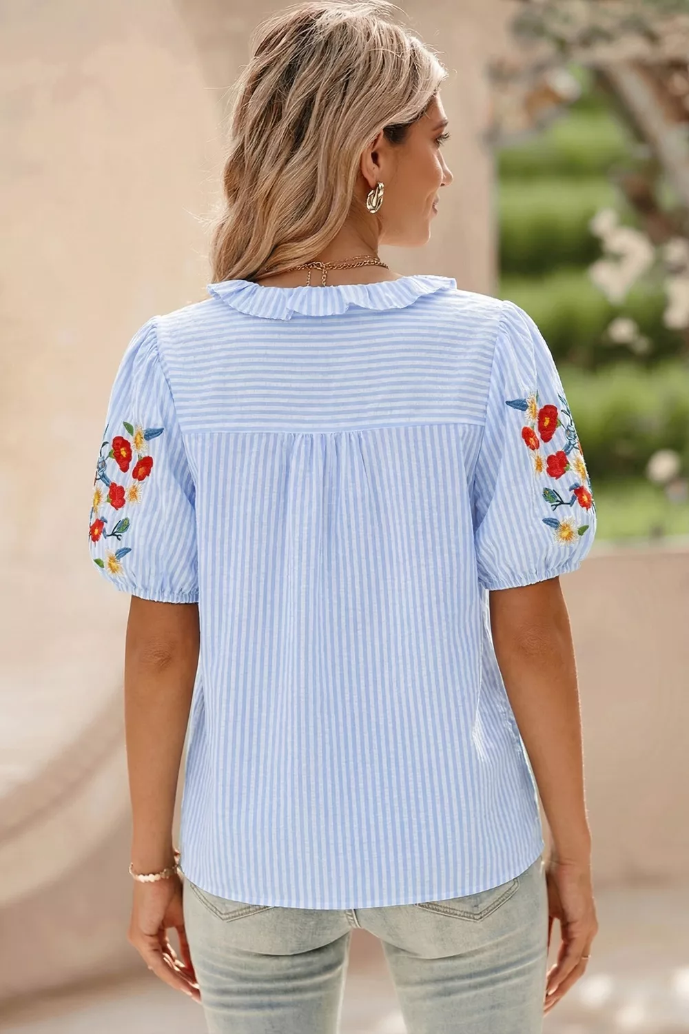 Stripe Floral Embroidered Puff Sleeve Ruffle Trim Shirt, image 4