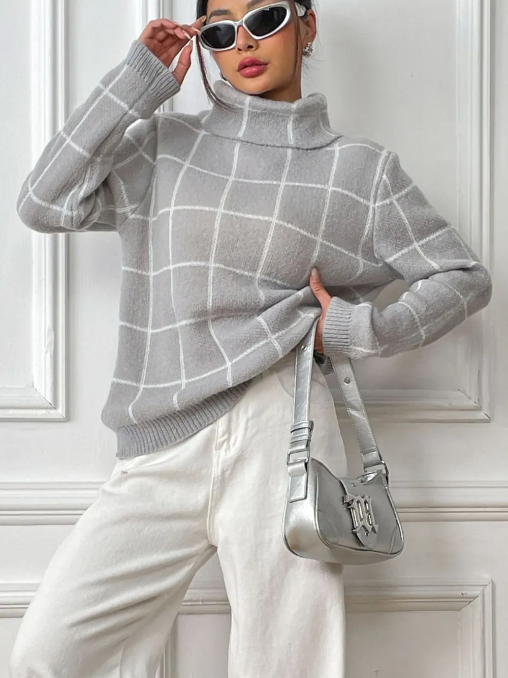 Plaid Turtleneck Long Sleeve Sweater, image 9