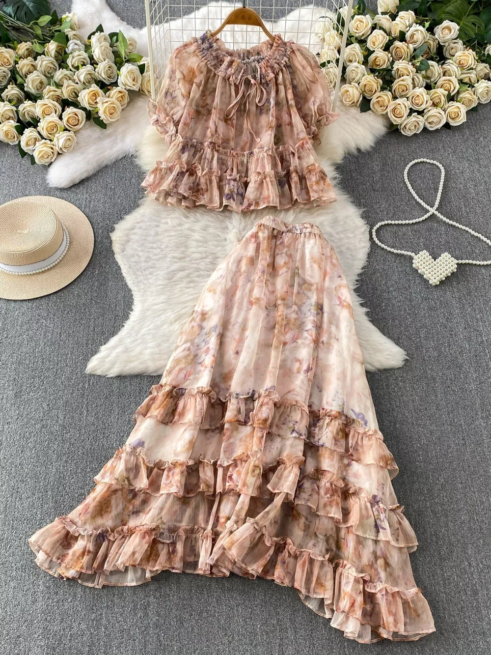 Floral Print Ruffle Hem Blouse and Skirt Set, image 22