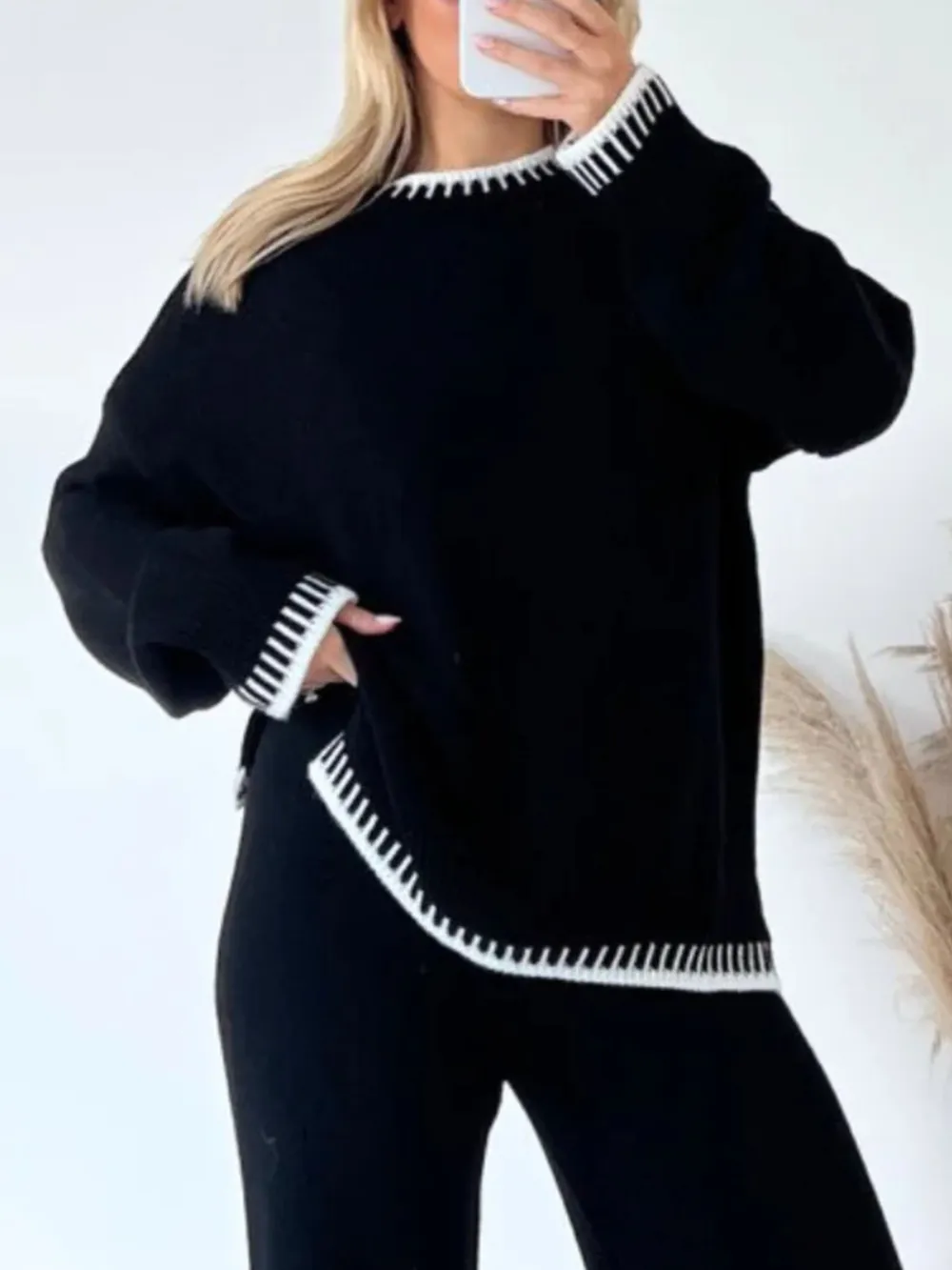 Contrast Trim Round Neck Top and Pants Sweater Set, image 2