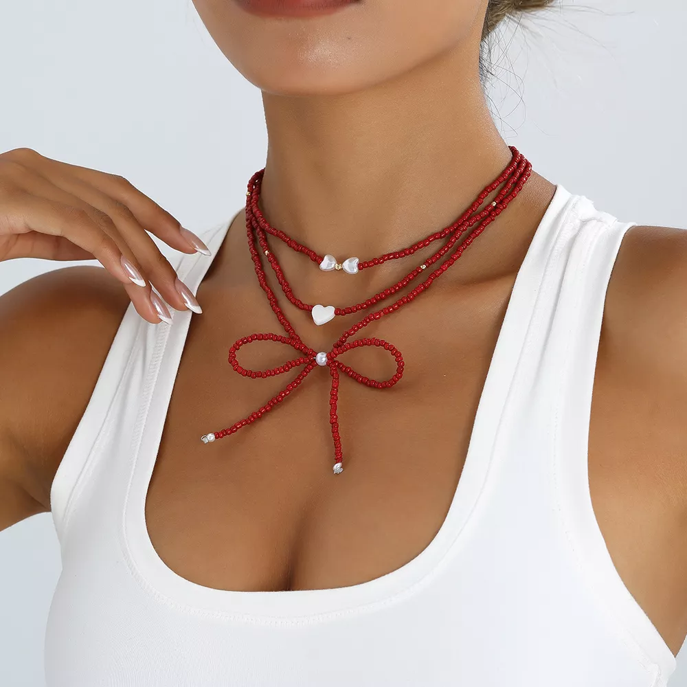 Beaded Bow Necklace with Heart Pendants, image 3
