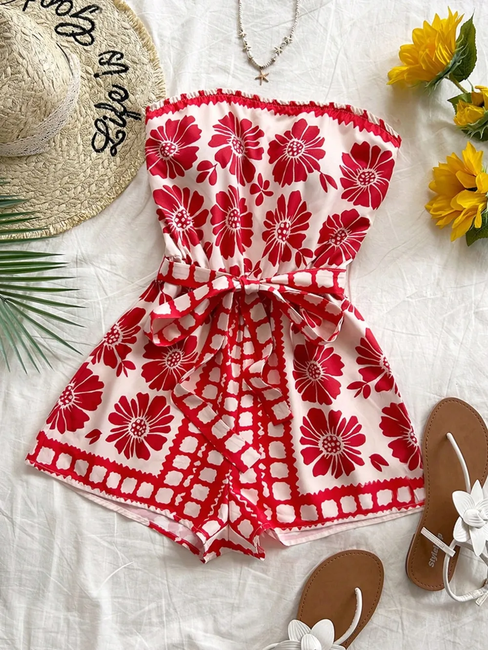 Printed Tube Tie Waist Romper, image 12