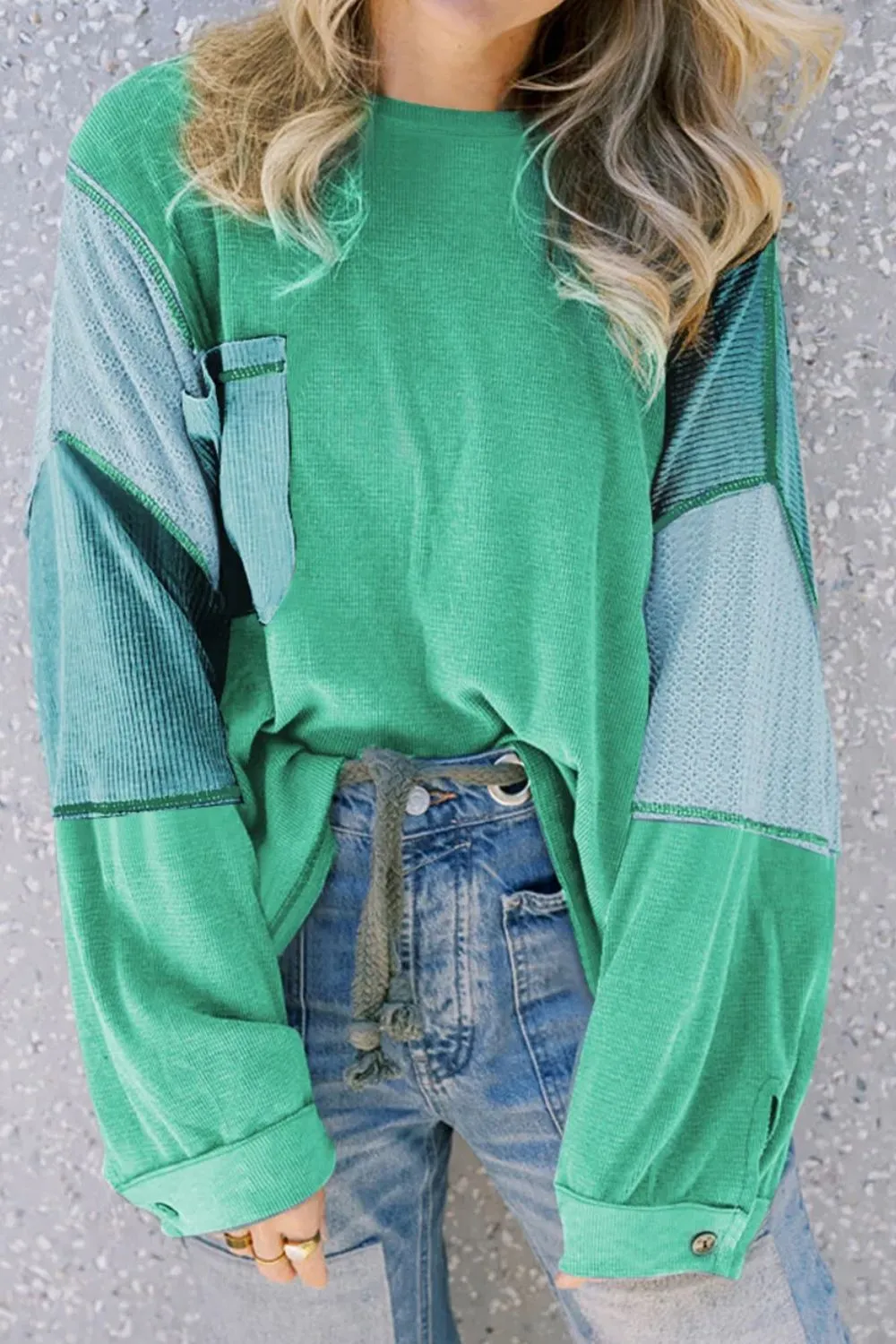 Patchwork Color Block Round Neck Long Sleeve Top, image 8