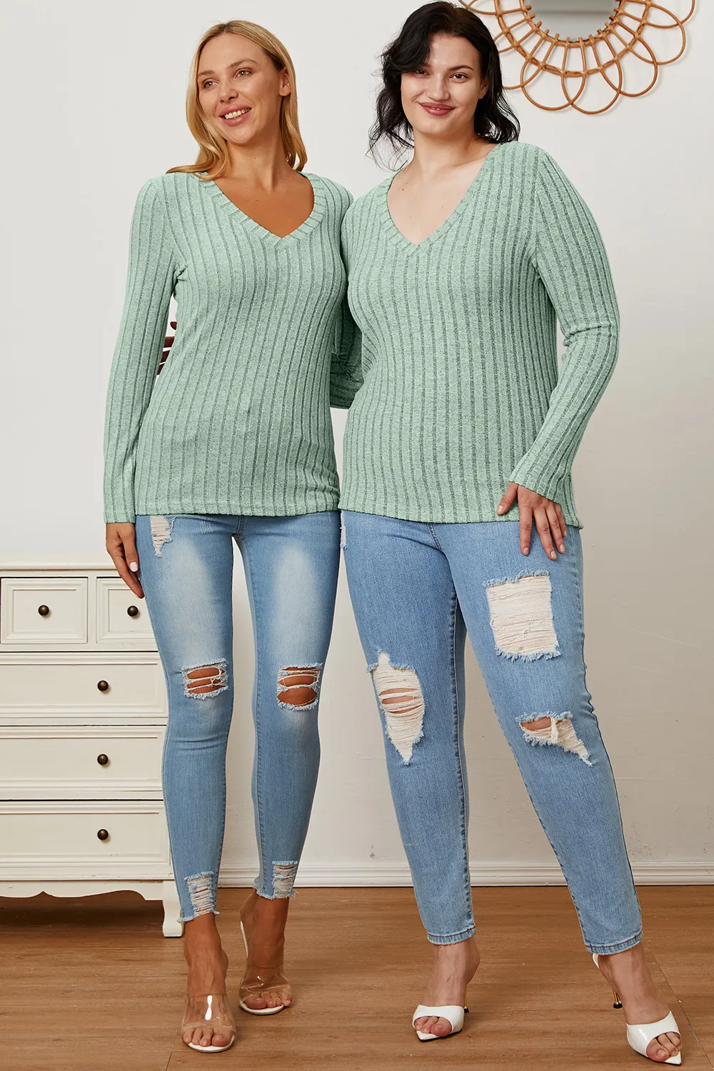 Full Size Ribbed V-Neck Long Sleeve T-Shirt, image 32