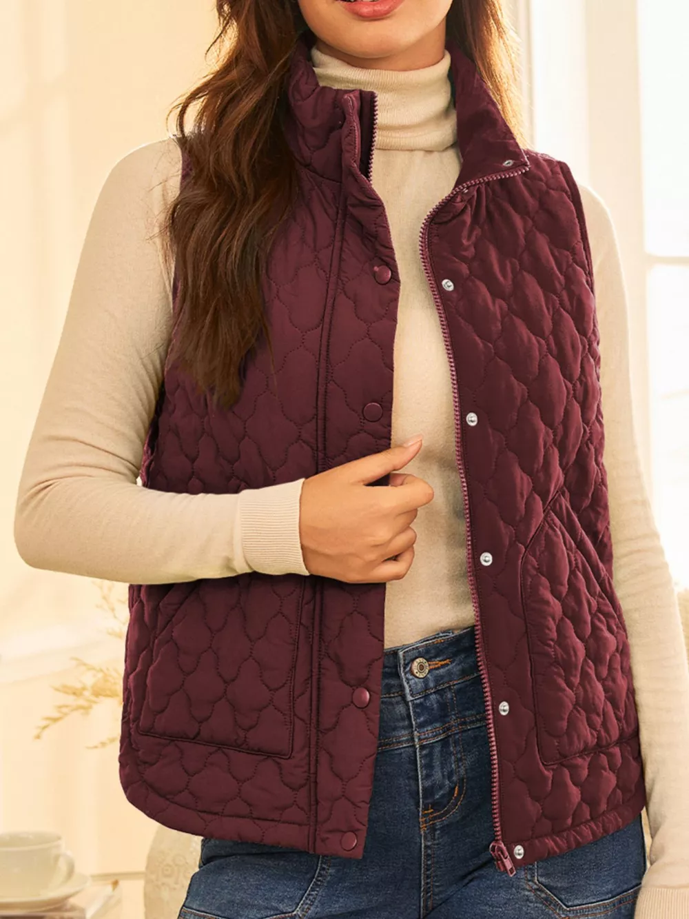 Quilted Snap Down Zip Up Vest Coat, image 3