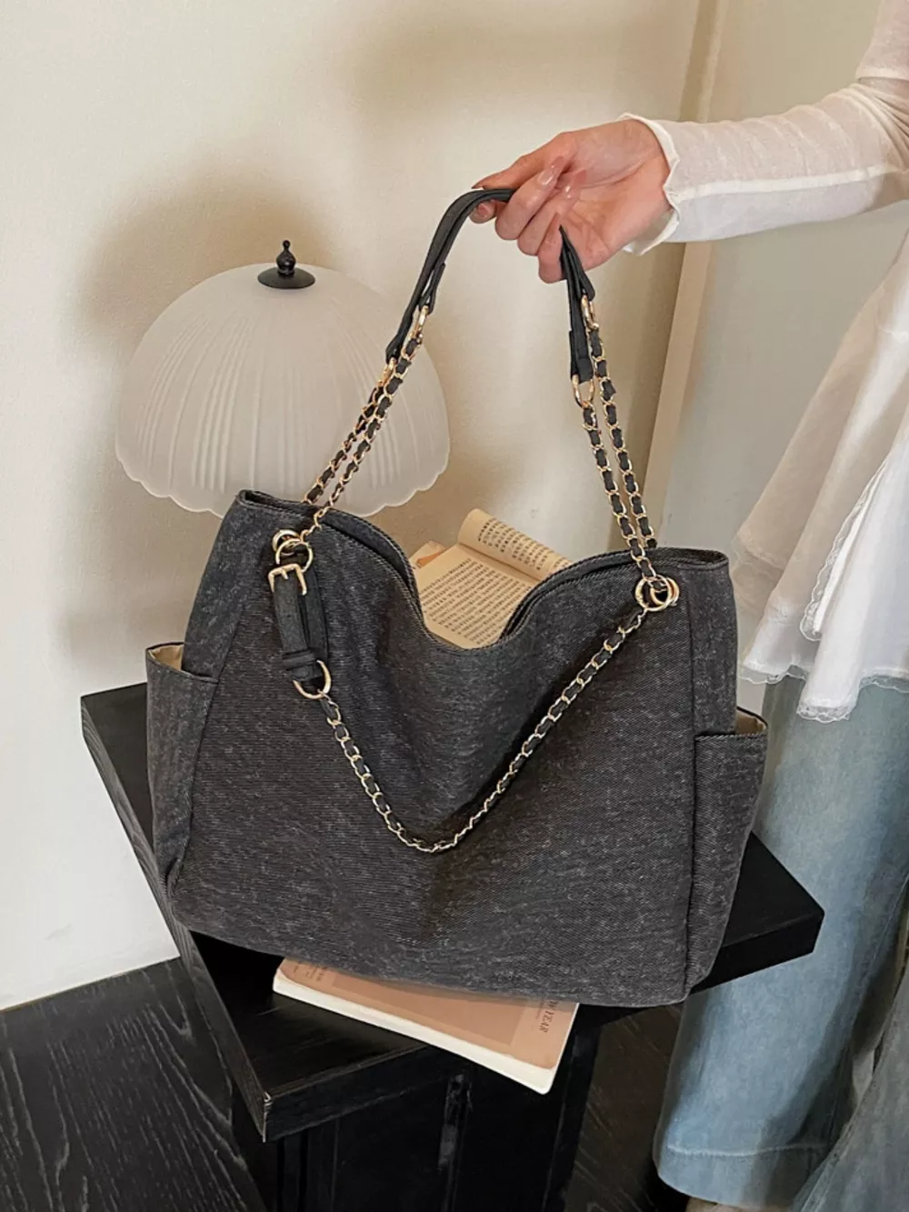 Denim Shoulder Bag with Chain Strap, image 2