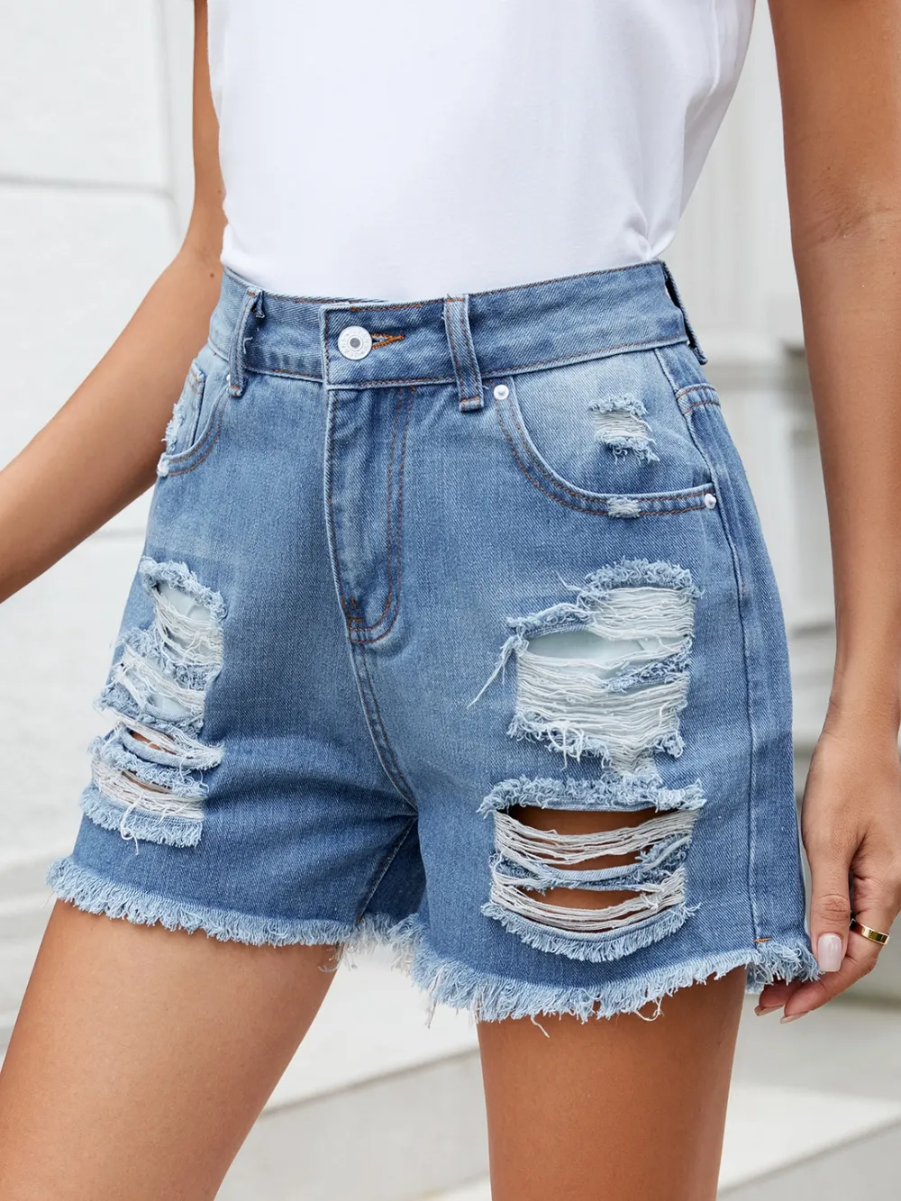 Distressed Raw Hem Denim Shorts, image 10