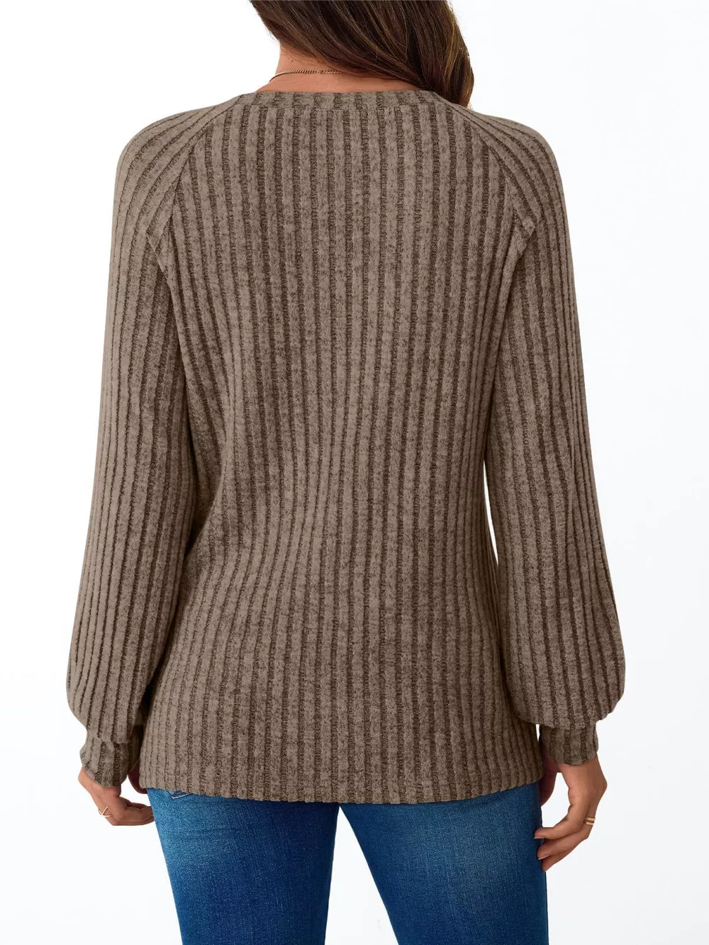 Ribbed Knit Decor Button Long Sleeve T-Shirt, image 28