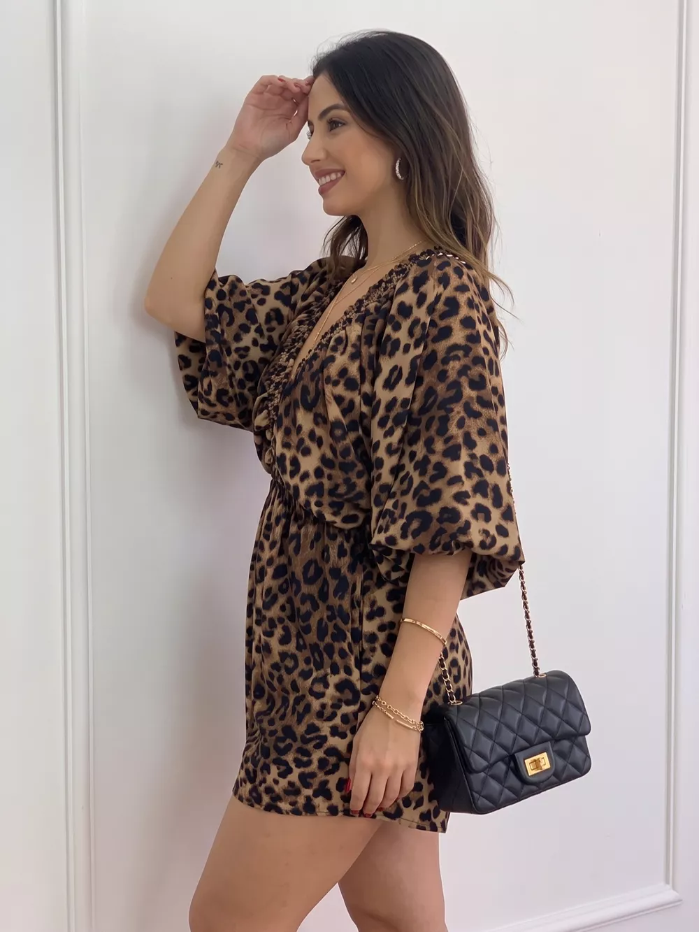 V-Neck Leopard Print Puff Sleeve Romper, image 5