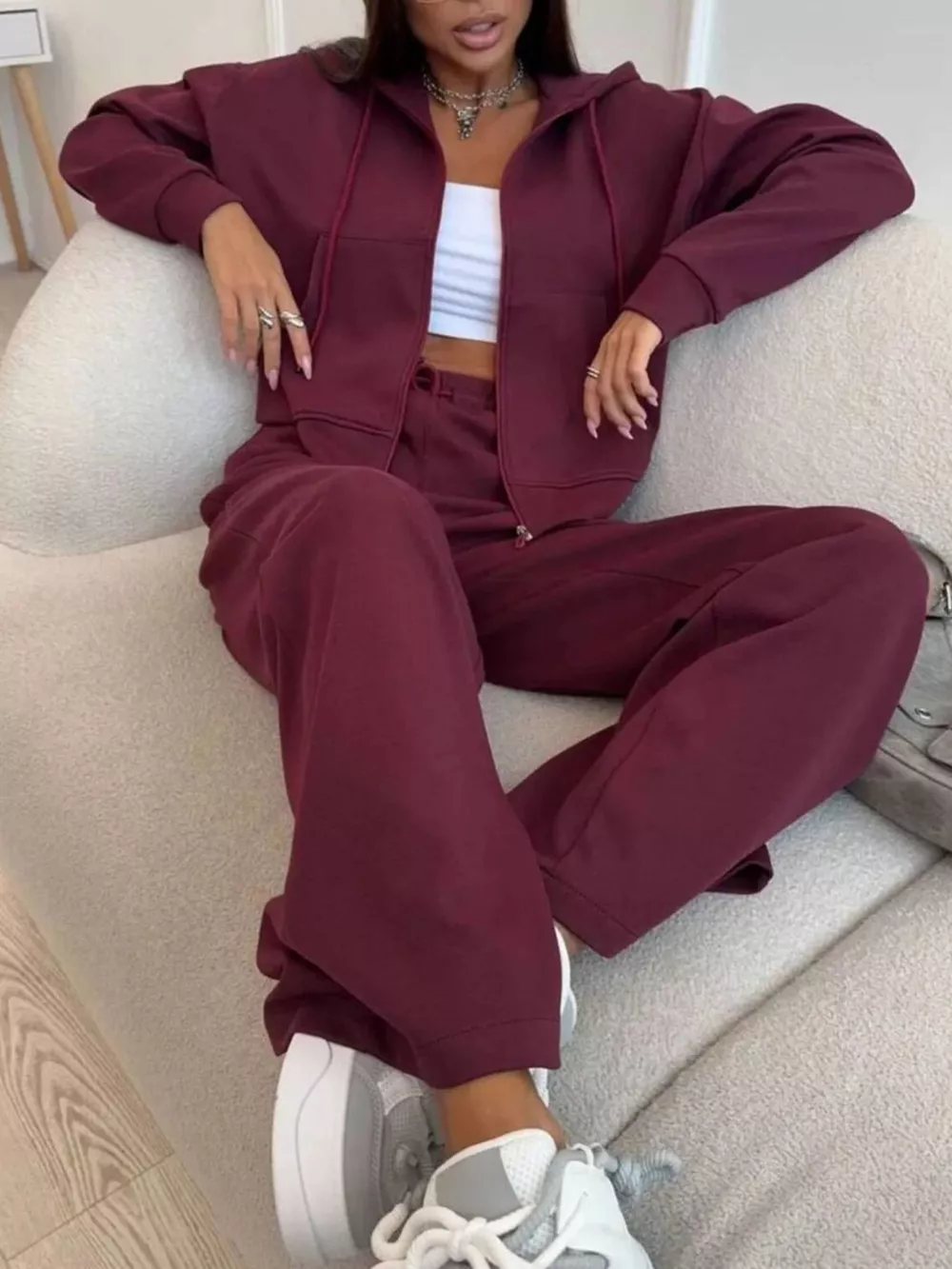 Zip-Up Hoodie and Wide-Leg Pants Set, image 12