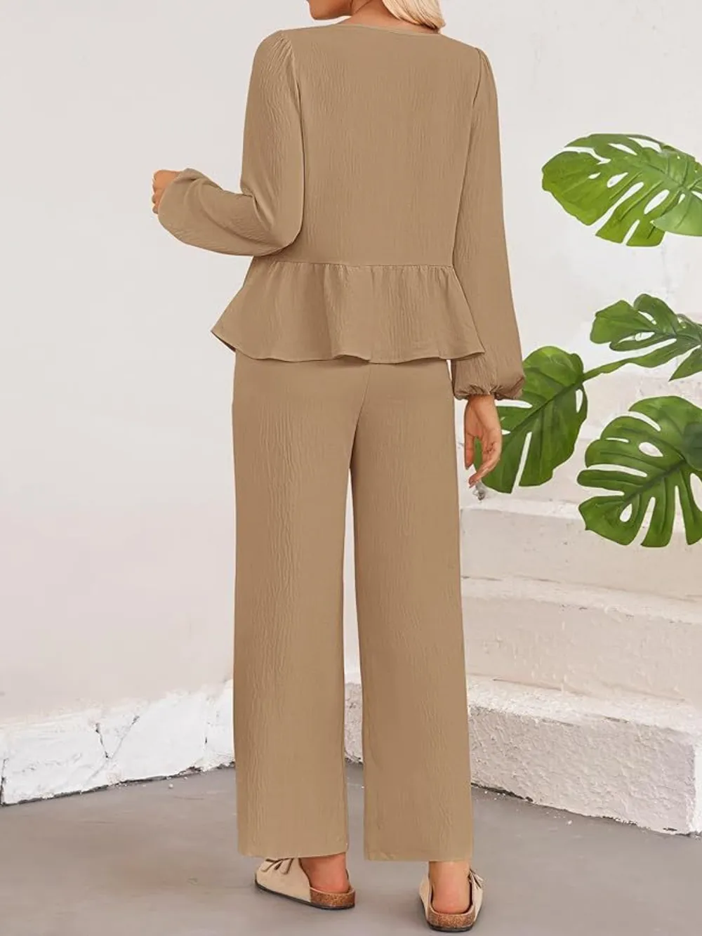 Tie Neck Balloon Sleeve Top and Pants Set, image 6