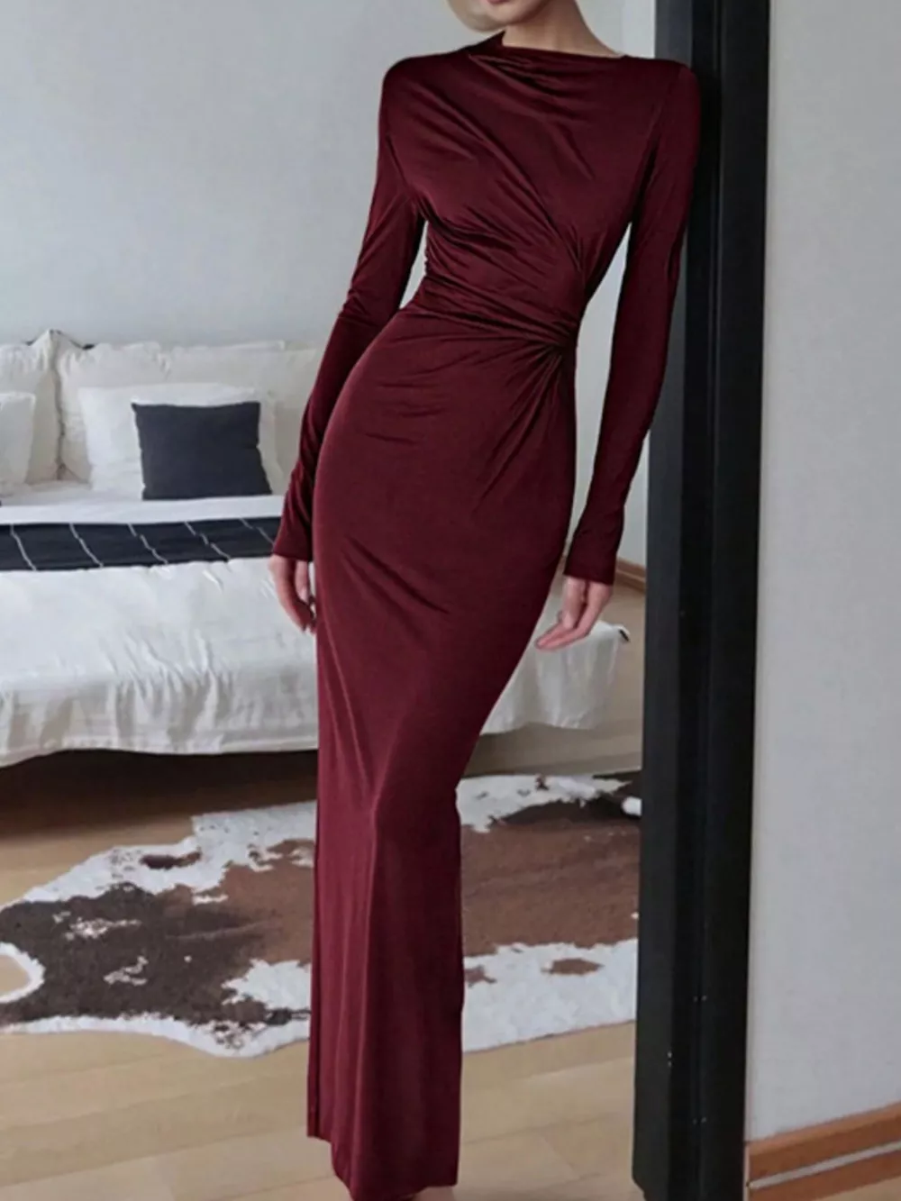 Ruched Long Sleeve Bodycon Maxi Dress, image 6