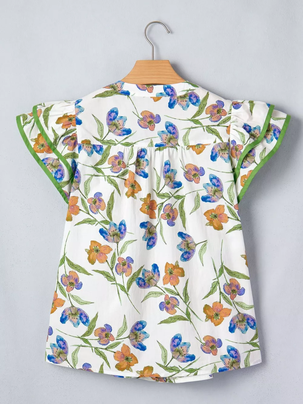 Floral Print Ruffle V-Neck Pressed Pleats Binding Tape Cotton Blouse, image 7
