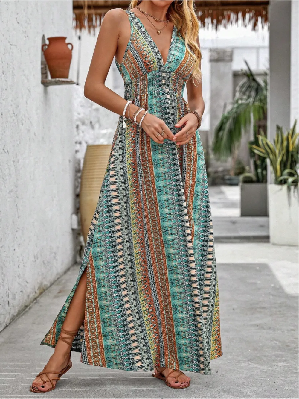 Tied Back Printed Sleeveless Maxi Slit Dress, image 9