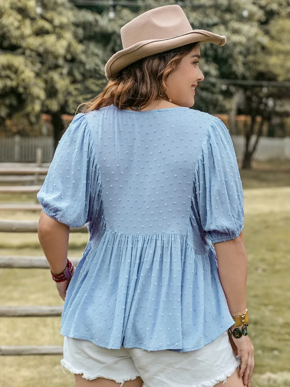 Plus Size Swiss Dot Tie Neck Short Sleeve Blouse, image 6