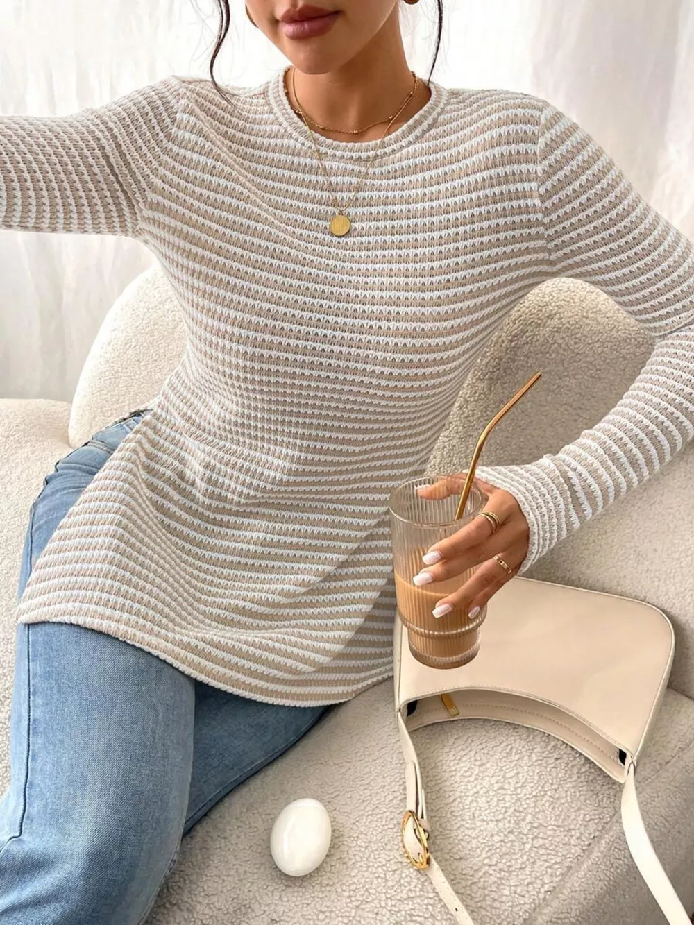 Slit Striped Long Sleeve Casual T-Shirt, image 7