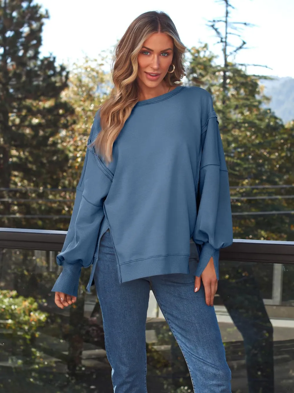 Slit Round Neck Long Sleeve Sweatshirt, image 8