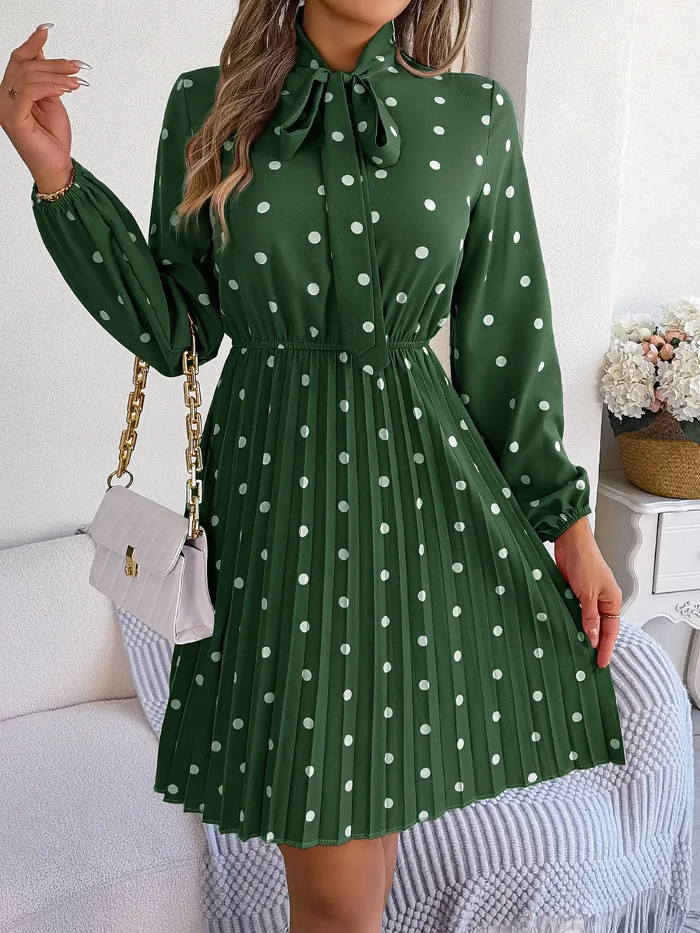 Polka Dot Tie Neck Pleated Dress, image 24