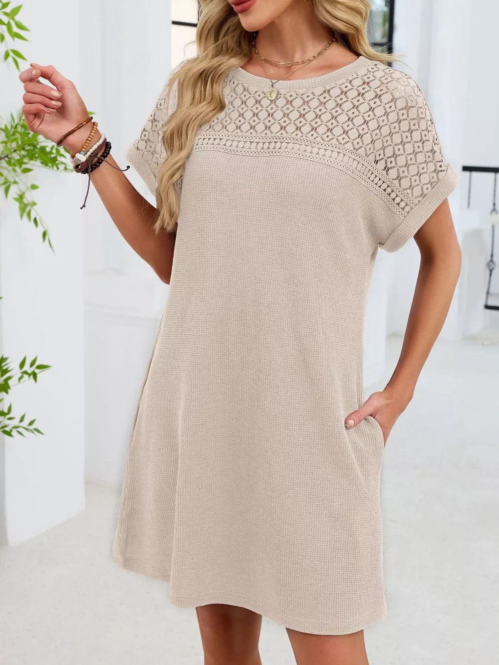 Lace Round Neck Short Sleeve T-Shirt Dress, image 31