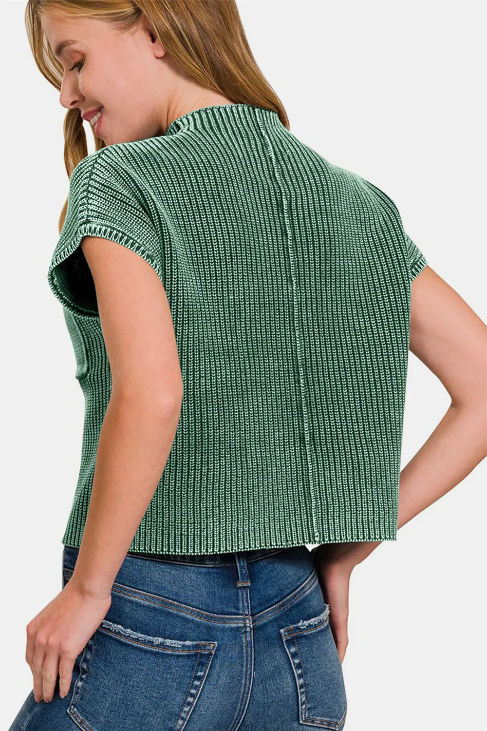 Washed Mock Neck Short Sleeve Cropped Sweater, image 2