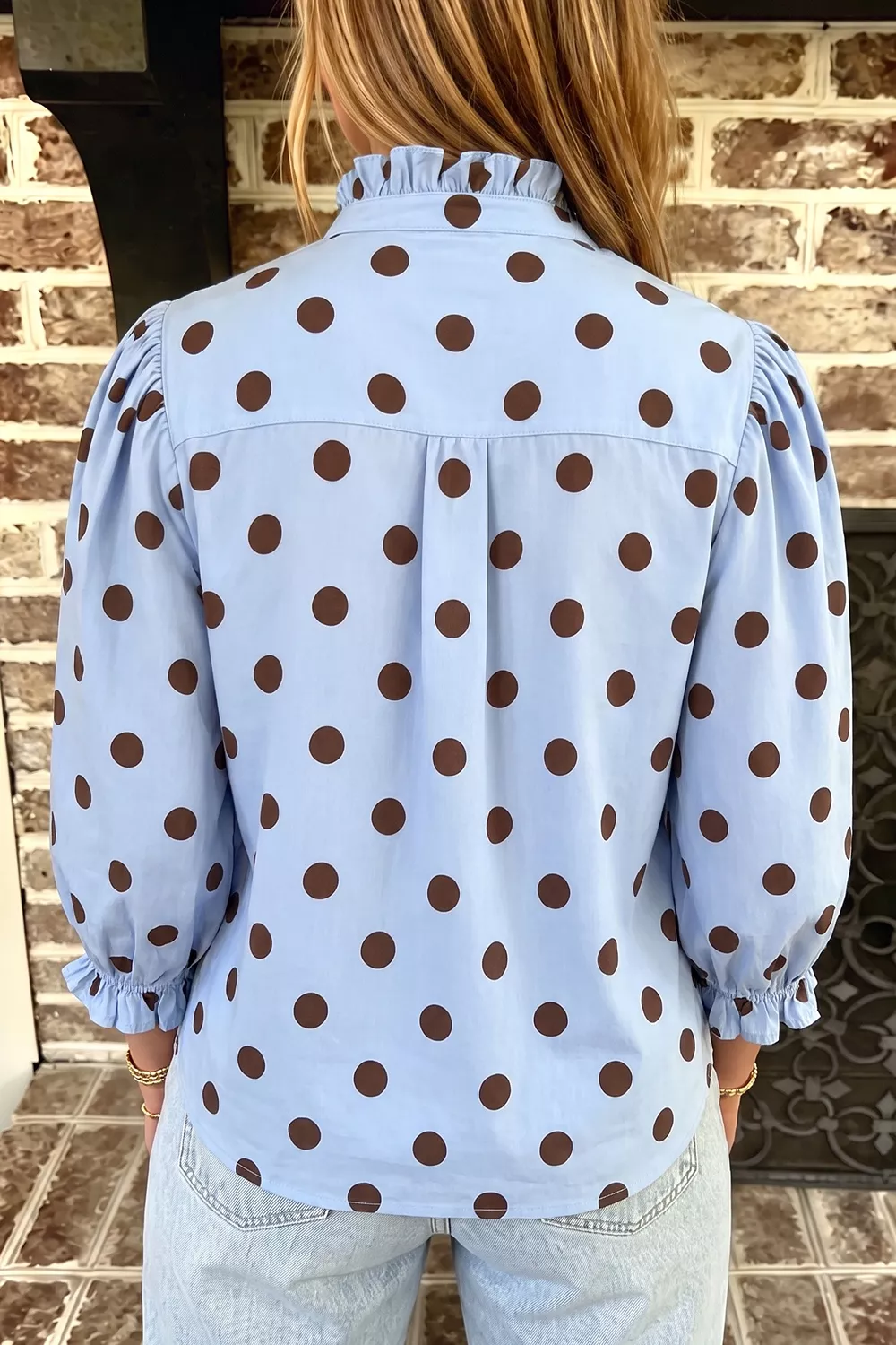 Polka Dot Ruffled Stand-Collar Shirt, image 2