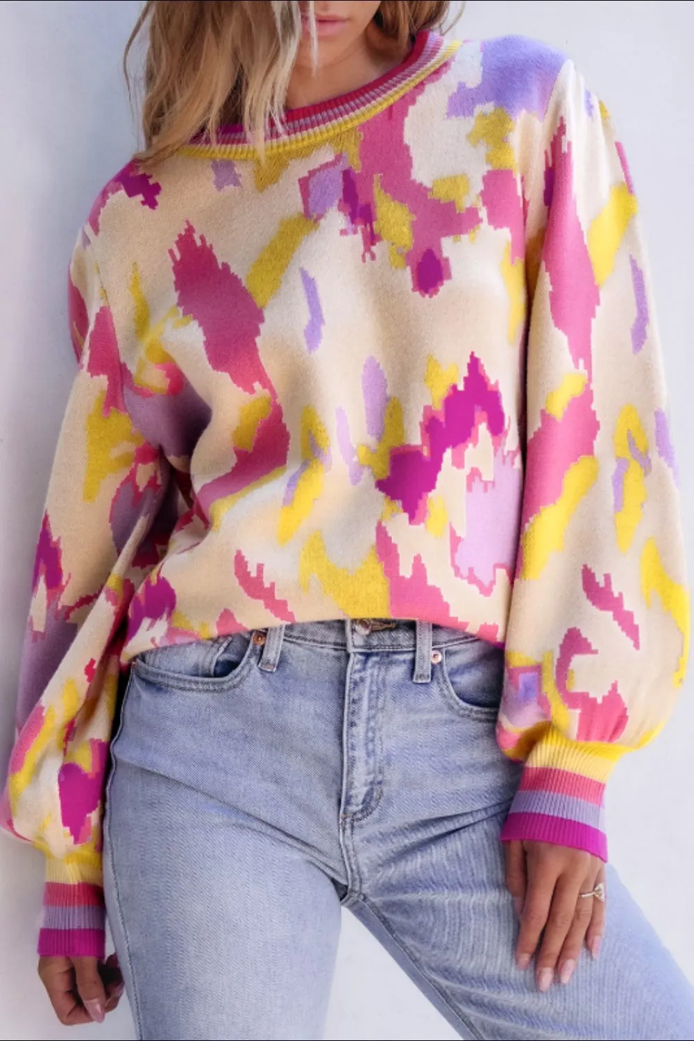 Contrast Round Neck Long Sleeve Sweater, image 6