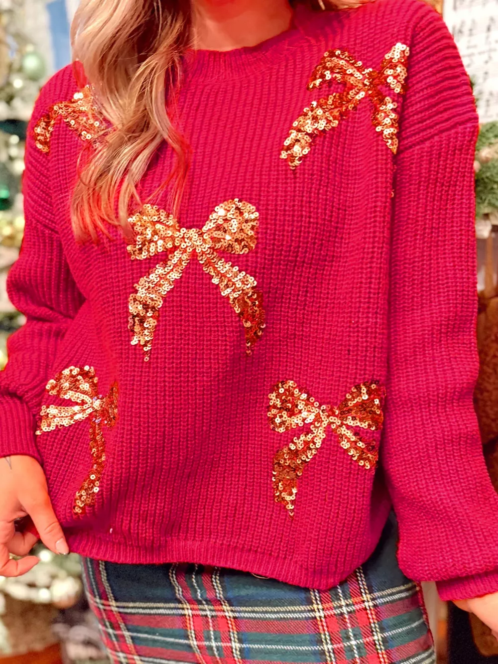 Sequin Bow Accent Drop Shoulder Sweater, image 2