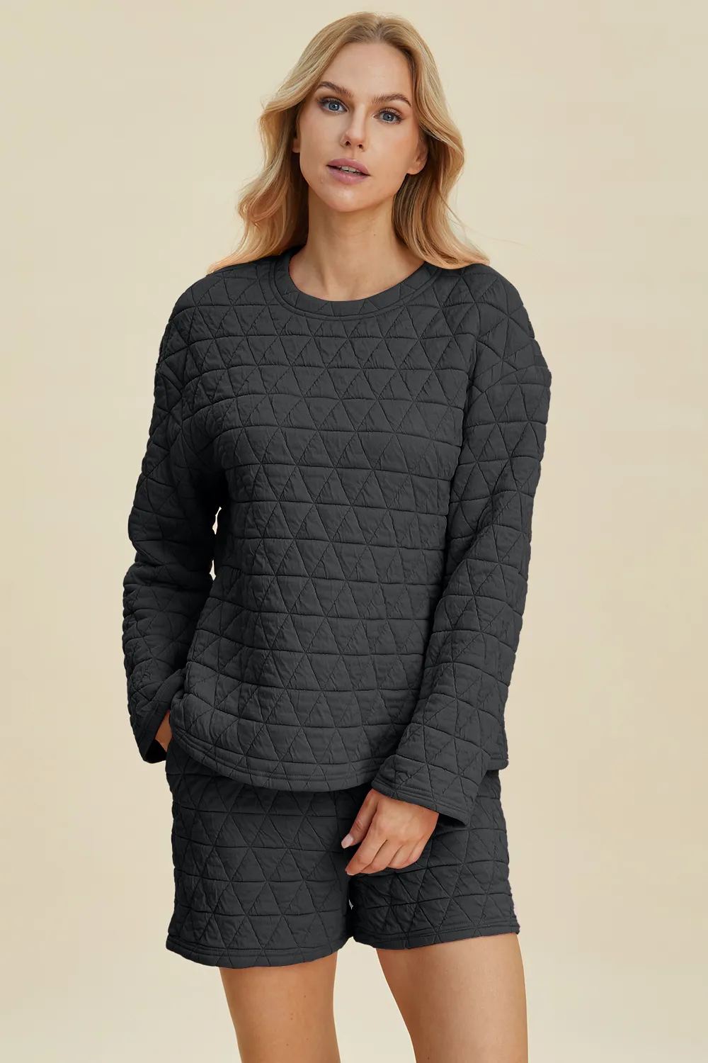 Full Size Texture Round Neck Long Sleeve Top and Shorts Set, image 13