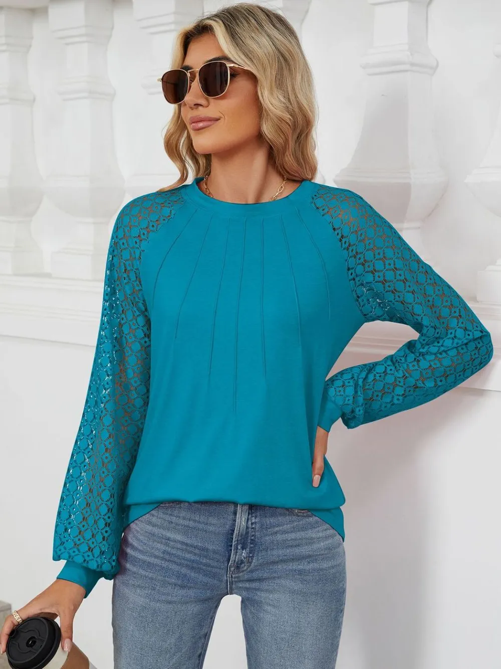 Round Neck Lace Long Sleeve Top, image 16