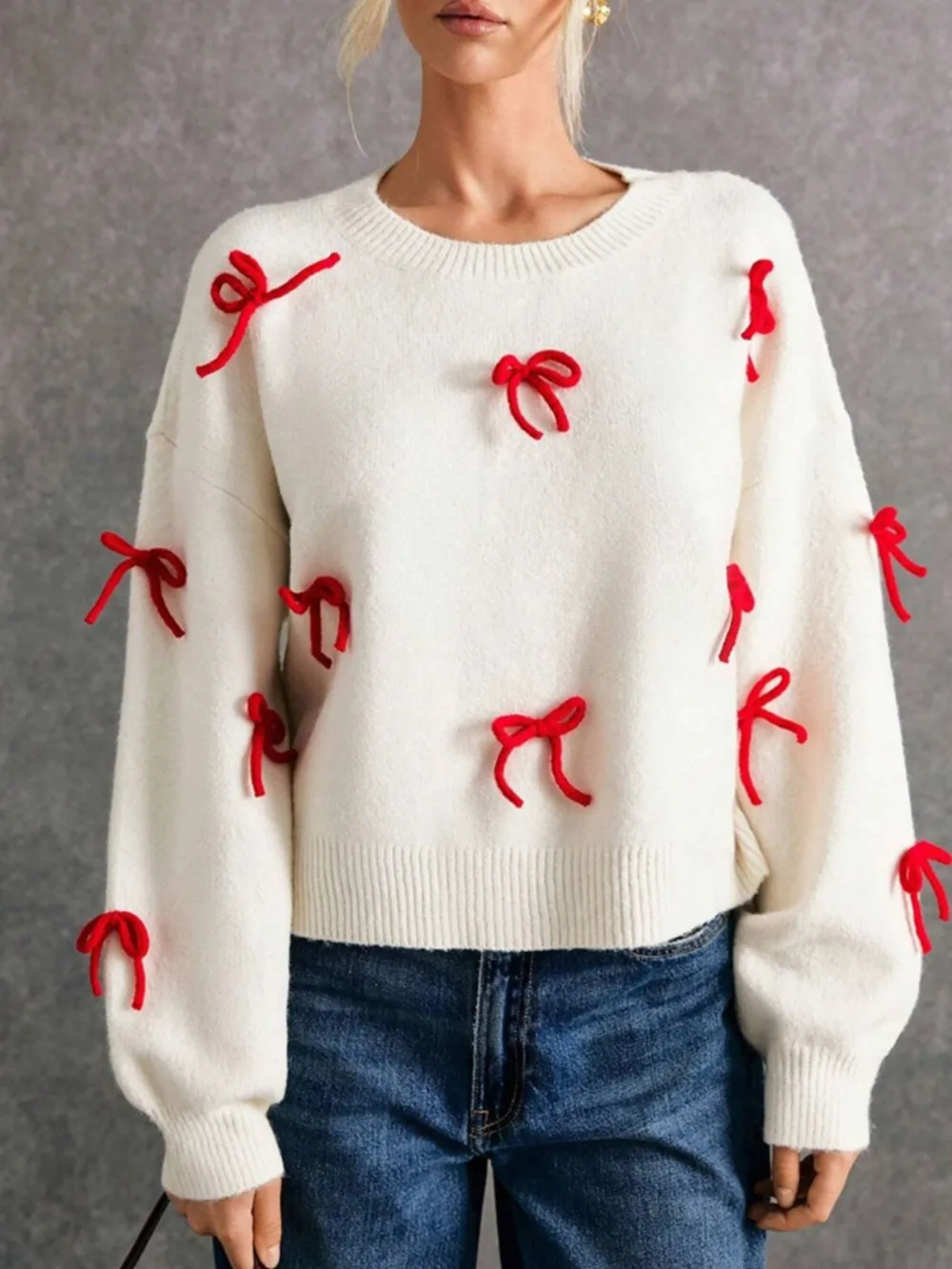Bow Contrast Round Neck Long Sleeve Sweater, image 3