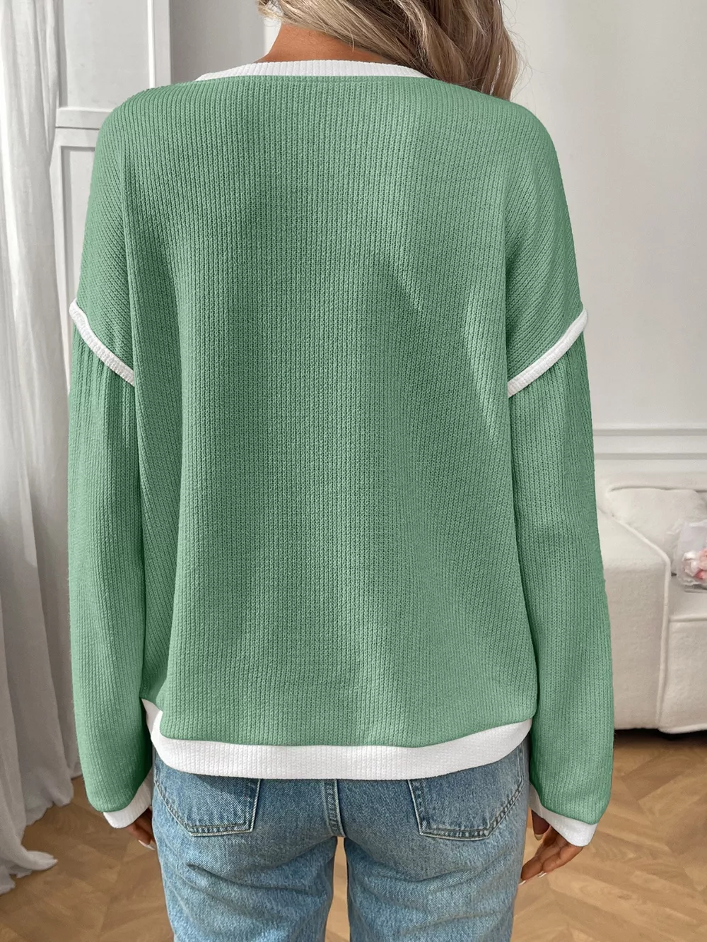 Ribbed Knit Contrast Trim Sweater, image 29