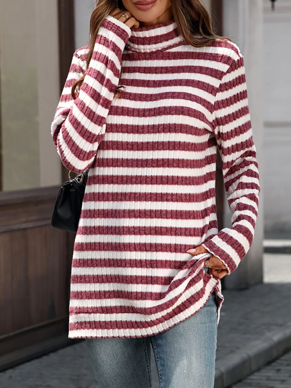 Striped Turtleneck Long Sleeve Knit Top, image 16