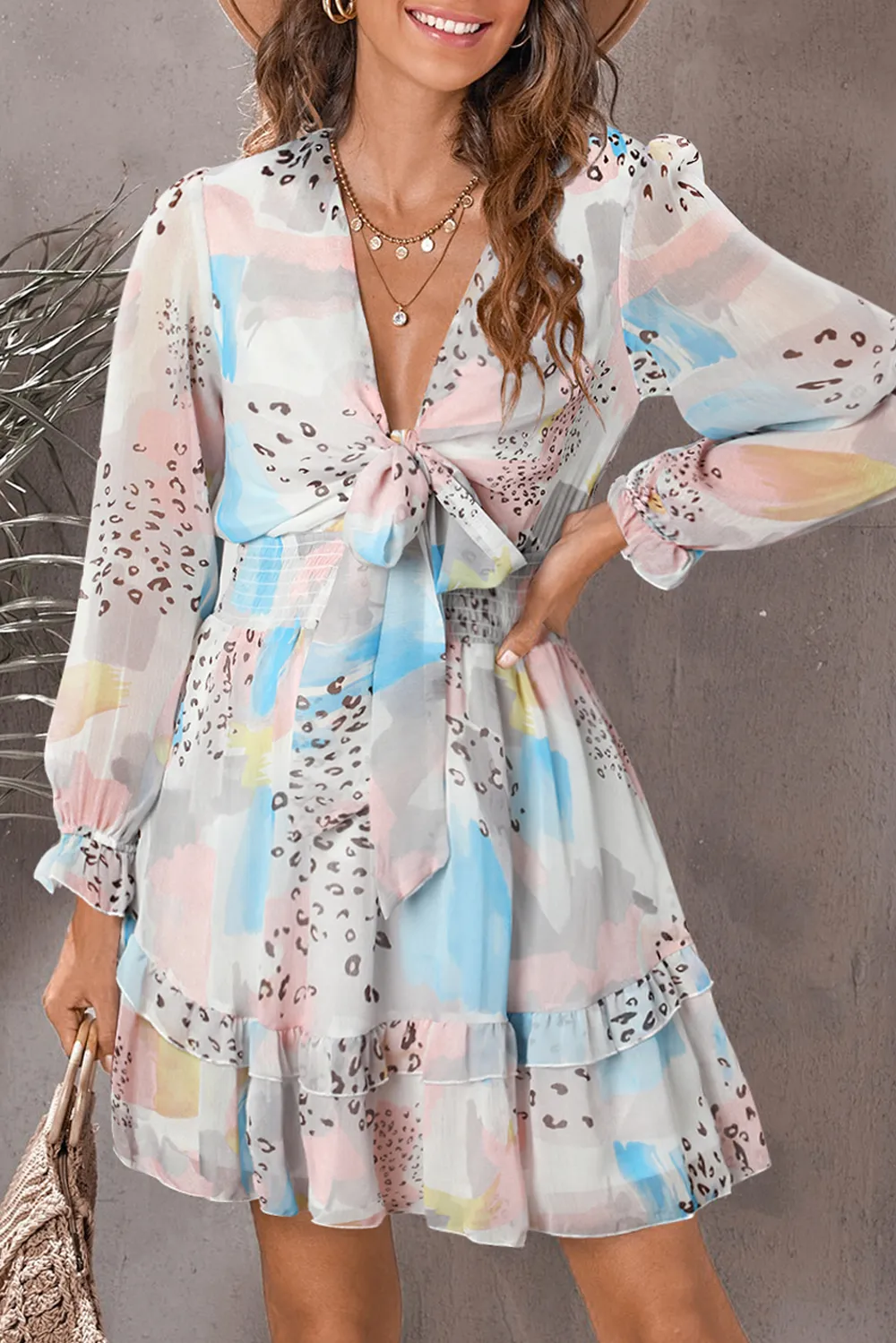 Printed Flounce Sleeve Mini Dress, image 2