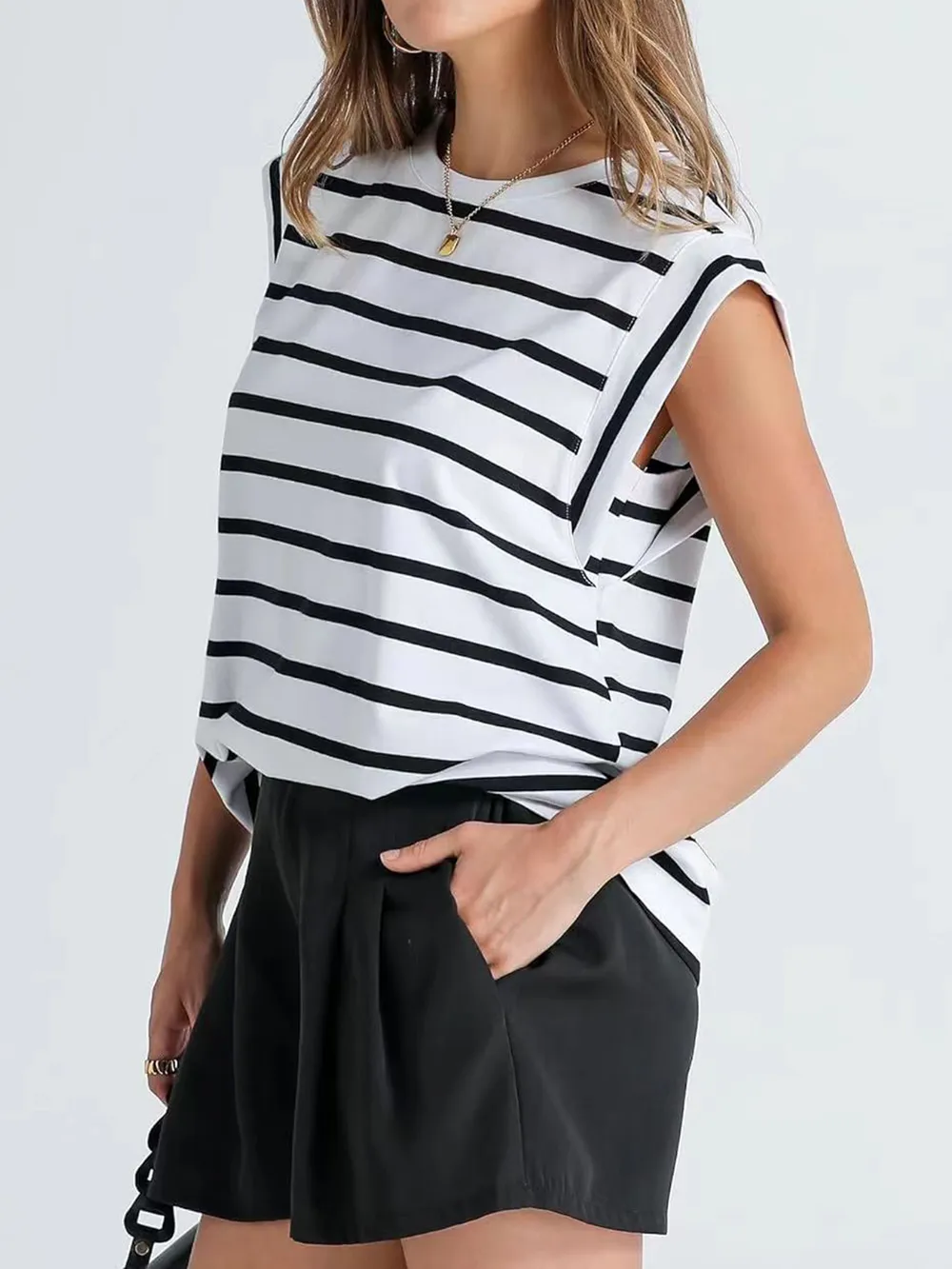 Striped Round Neck Cap Sleeve T-Shirt, image 18
