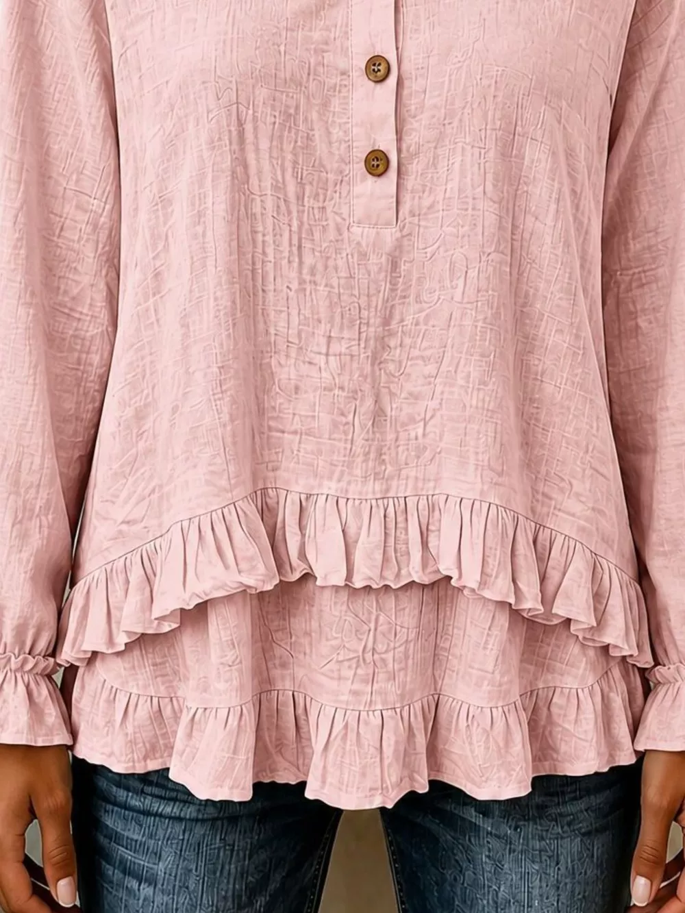 V-Neck Long Sleeve Button Detail Ruffled Hem Blouse, image 10