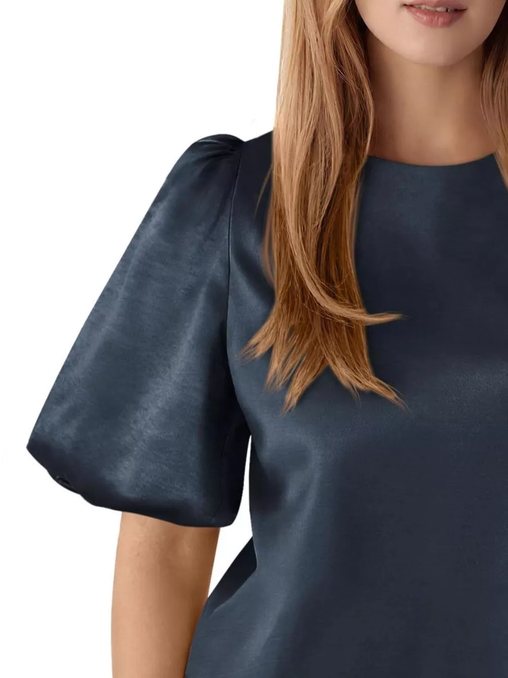 Round Neck Puff Sleeve Satin Top, image 5