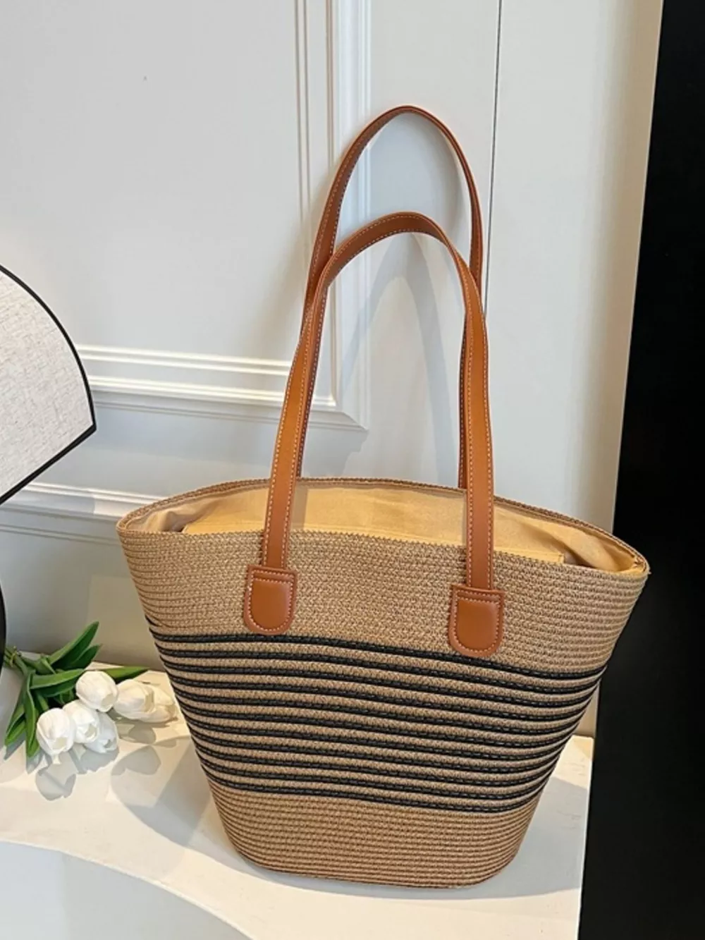 Striped Woven Straw Shoulder Bag, image 3