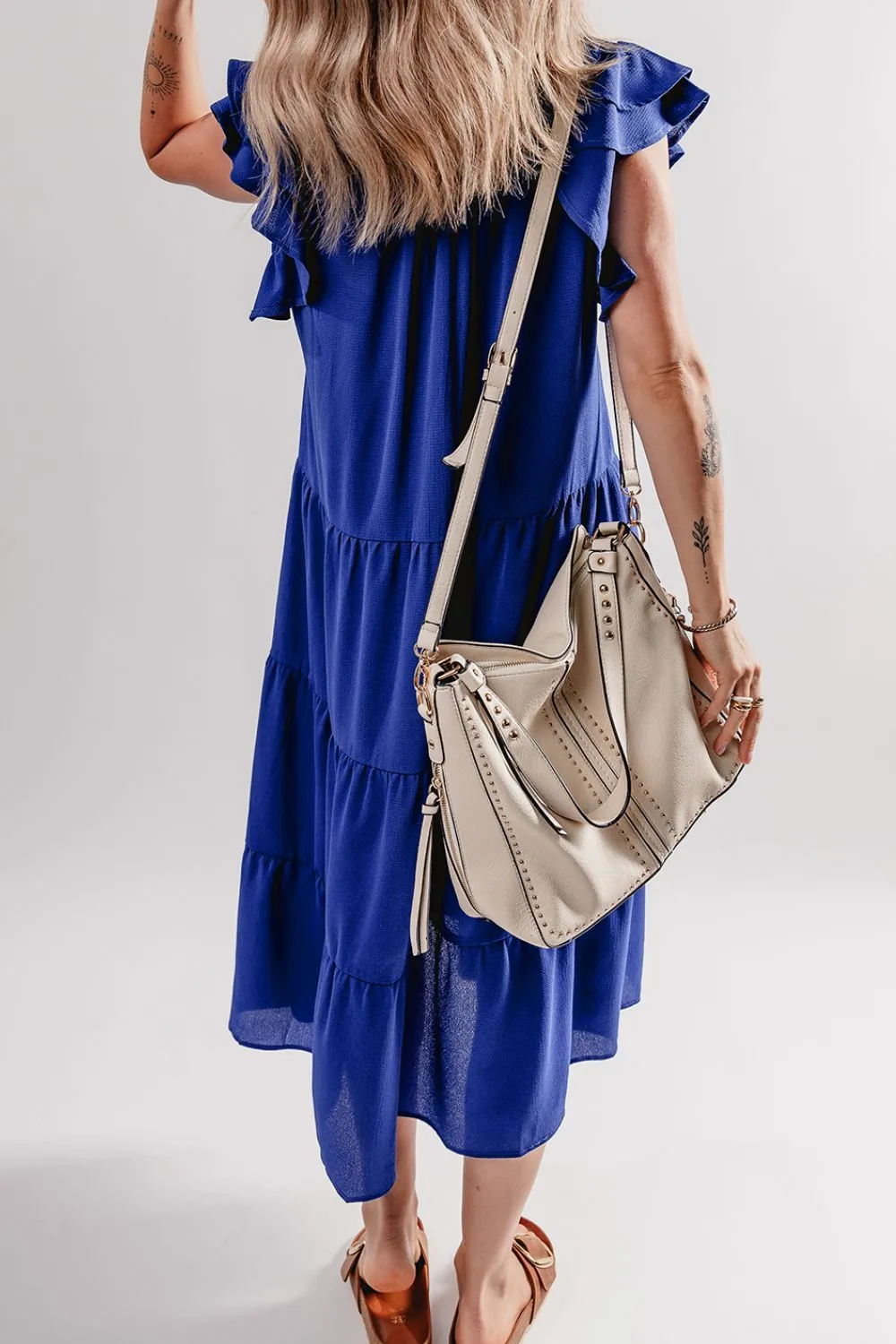 Ruffled Short Sleeve Collared V Neck Tiered Midi Dress, image 9