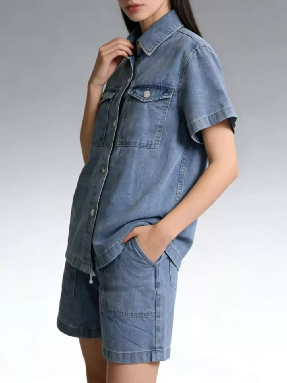 Button Up Short Sleeve Top and Shorts Denim Set, image 3