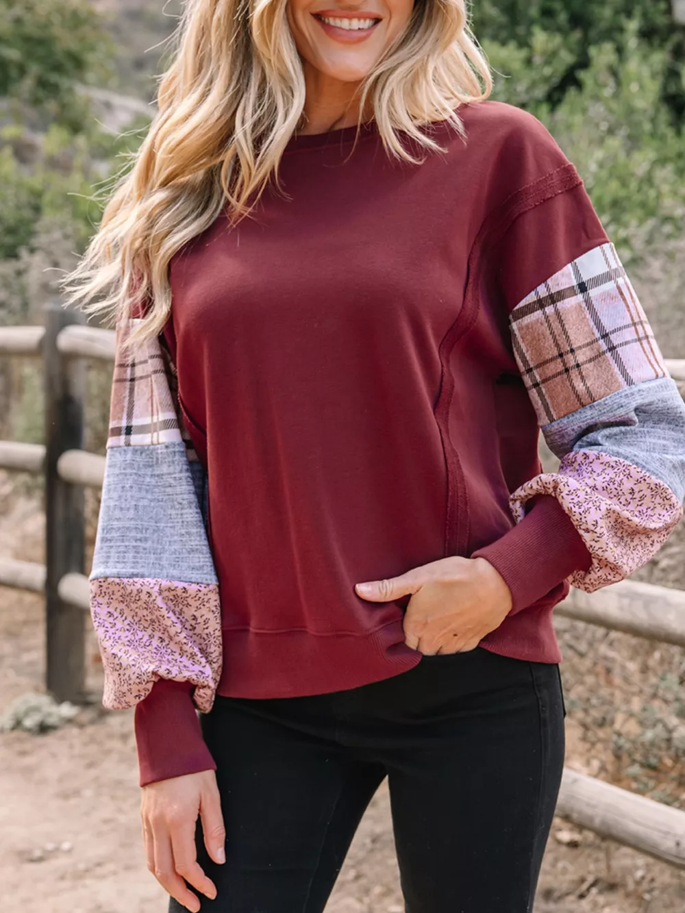 Plaid Colorblock Patchwork Sleeve Raw Seam Sweatshirt, image 5