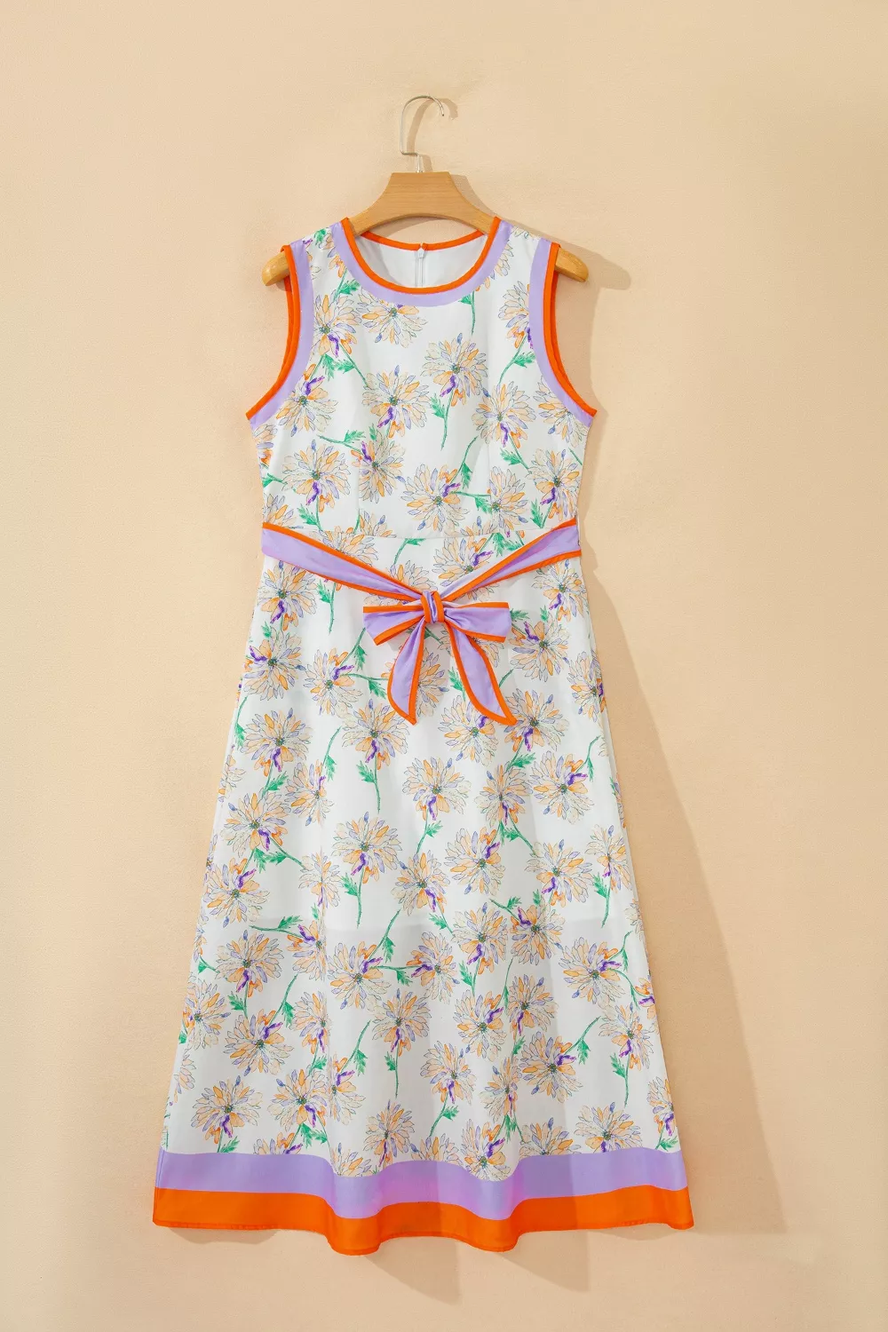 Floral Print Color Block Trim Belted Sleeveless Dress, image 3