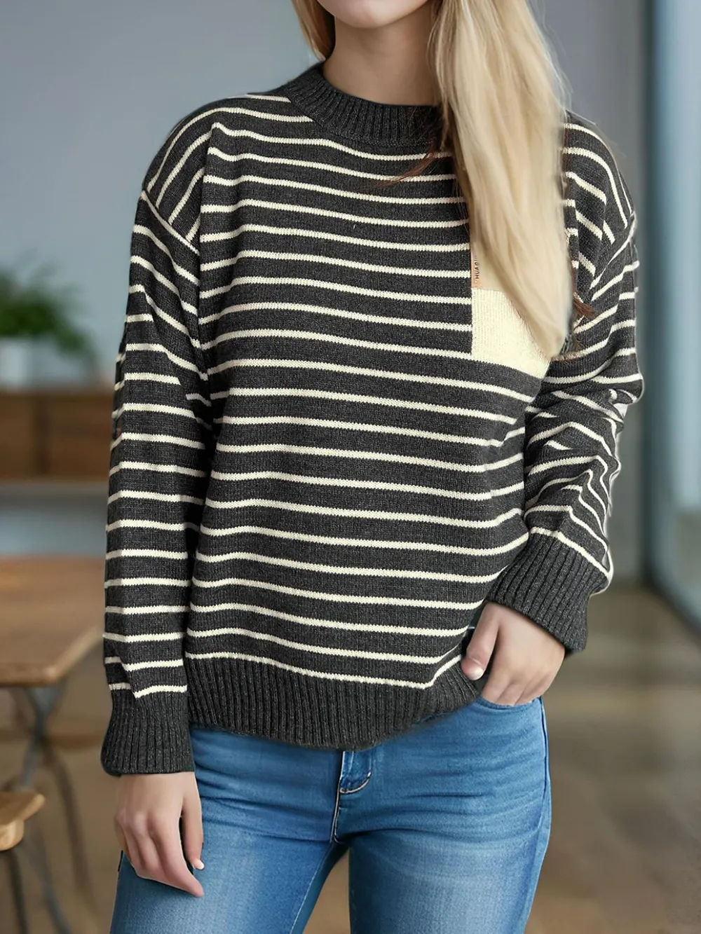 Striped Mock Neck Long Sleeve Sweater, image 2