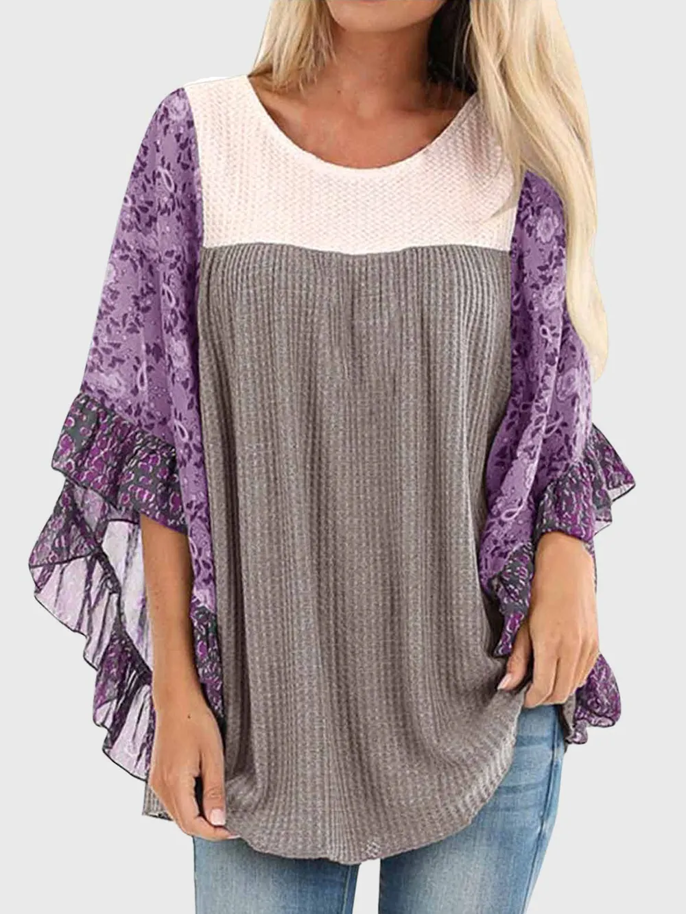 Full Size Printed Round Neck Three-Quarter Sleeve Blouse, image 21