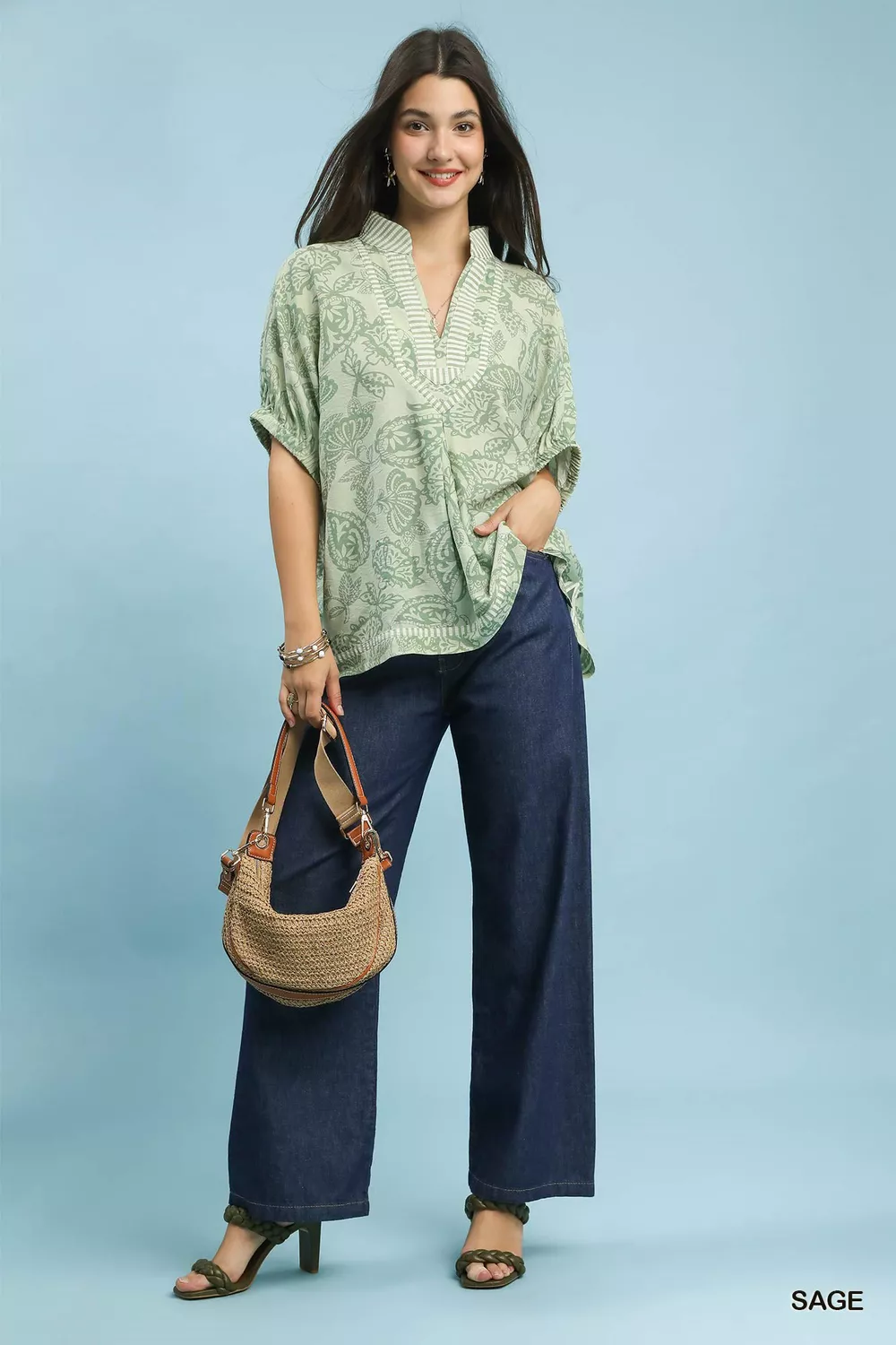 Botanical Print Mixed Trim Tunic Top, image 4