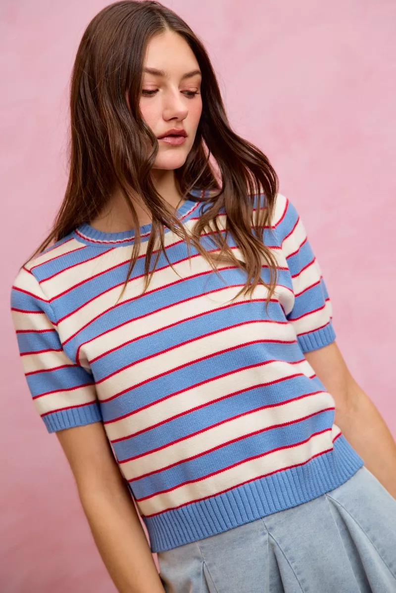 Stripe Knit Crew Neck Short Sleeves Sweater Top, image 14