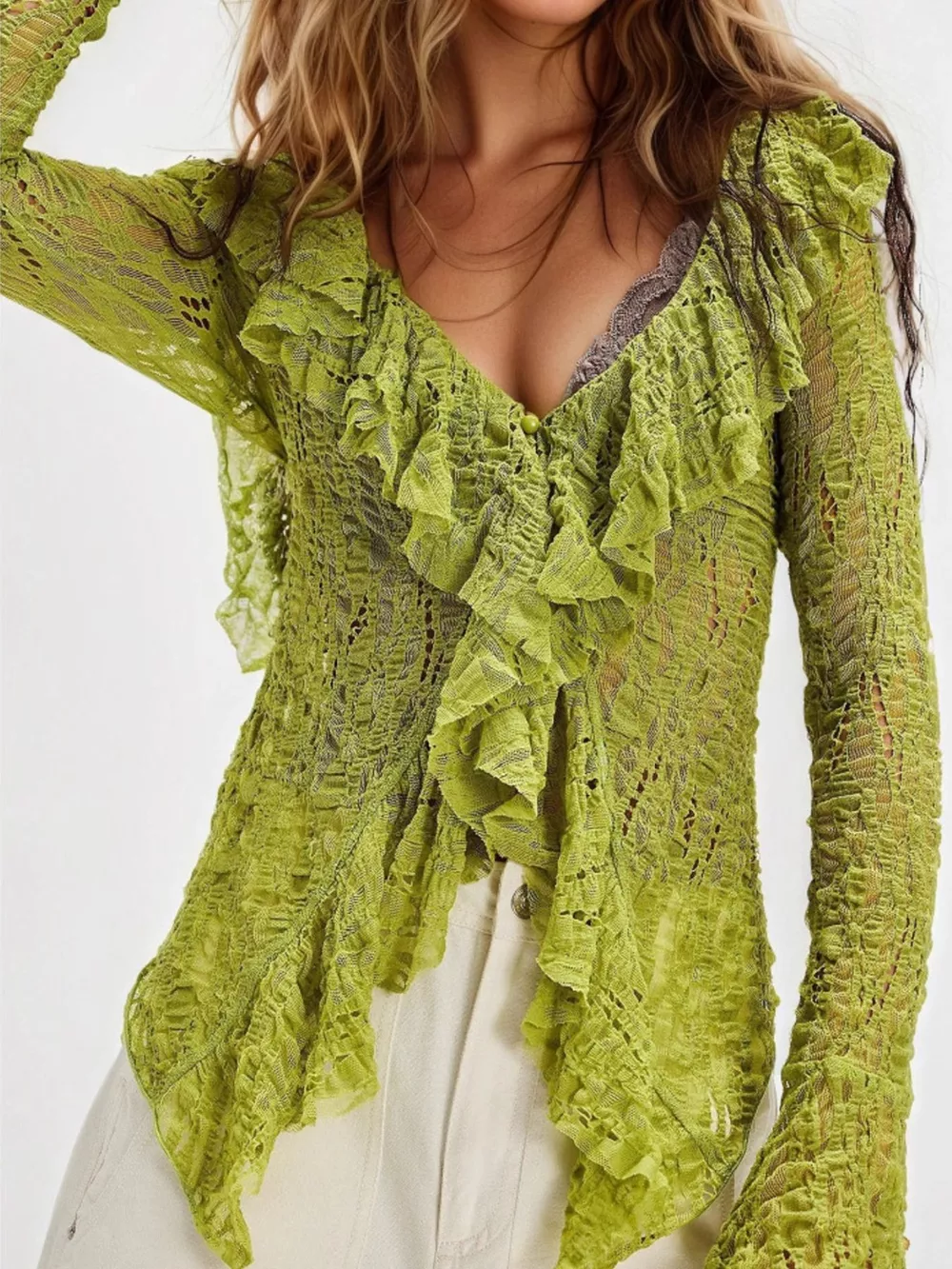 Lace Ruffle V-Neck Blouse