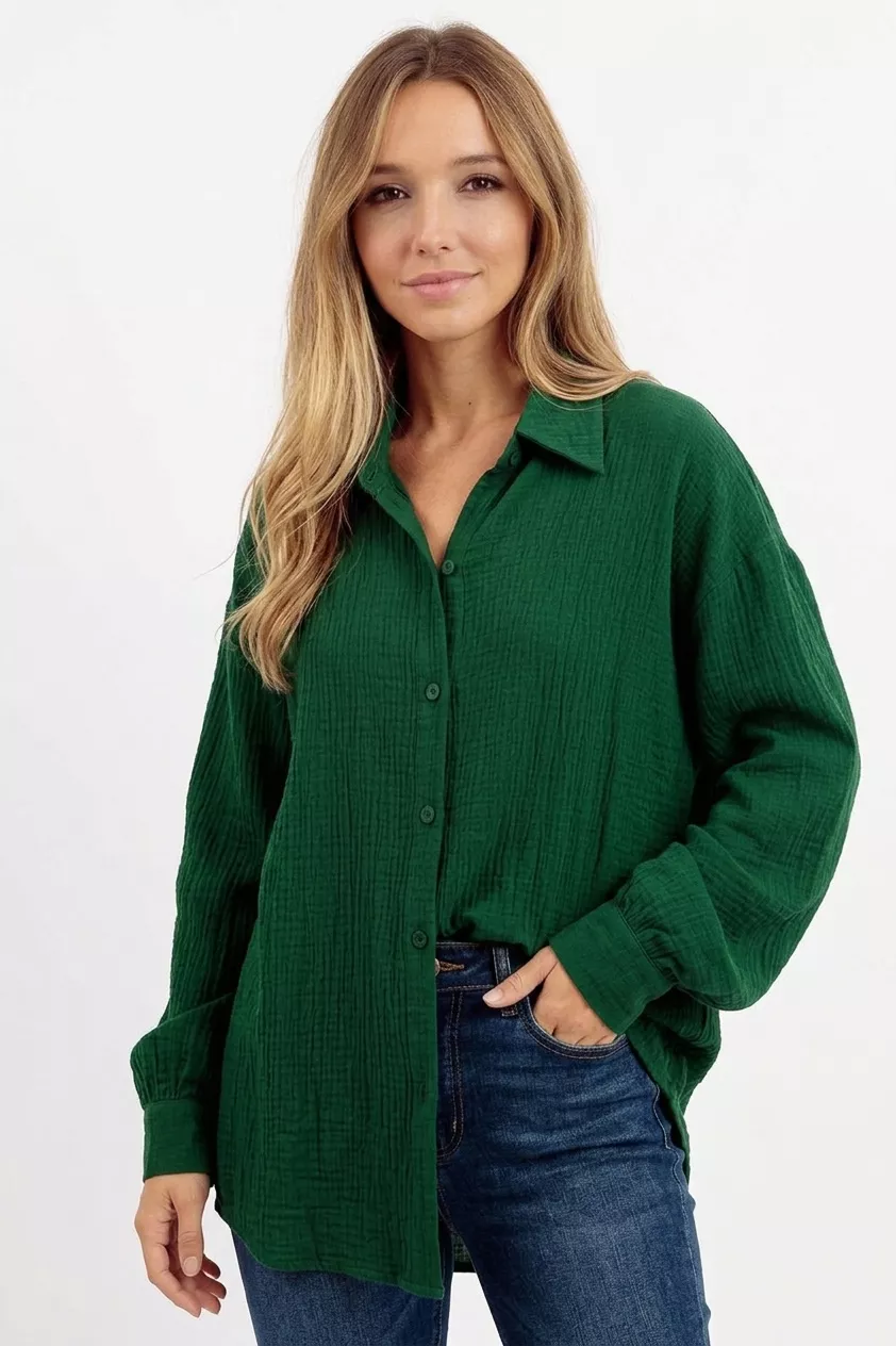 BiBi Oversized Wrinkled Gauze Button Up Shirt Top, image 3